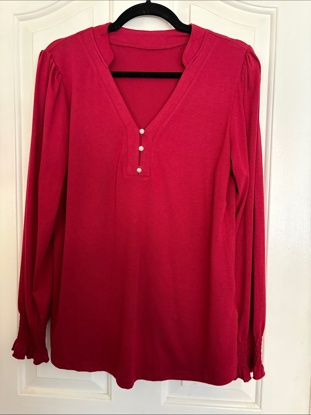 Red Long-Sleeve V-Neck Top with Button Detail - Women